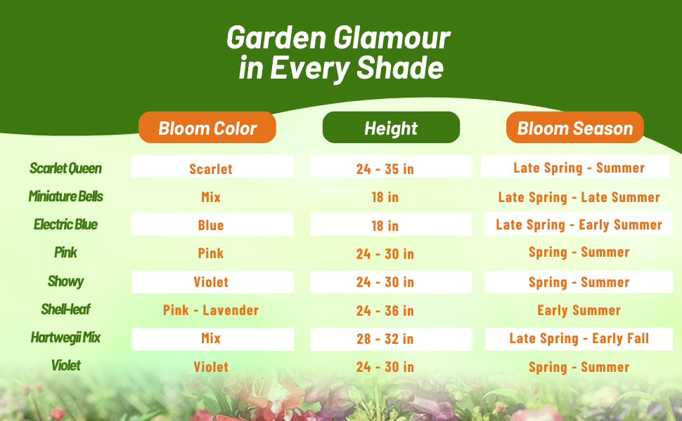 Chart of Bloom Color, Season, & Height of Penstemon Garden Flowers