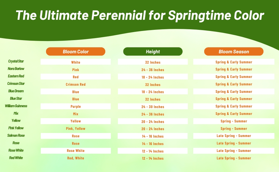 Bloom Season, Color, & Height Chart For Aquilegia Columbine