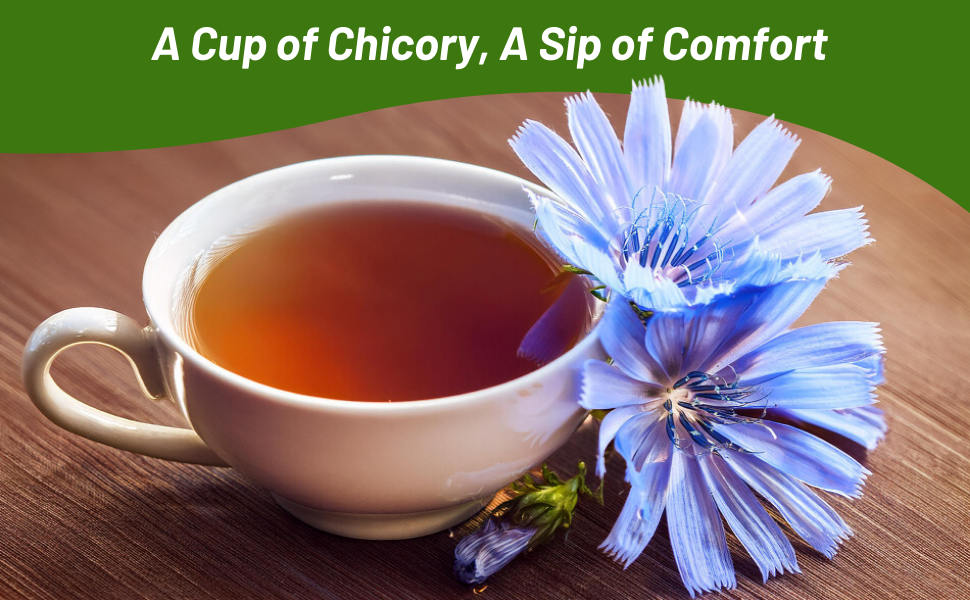 Chicory Flowers Next To Cup of Chicory Tea