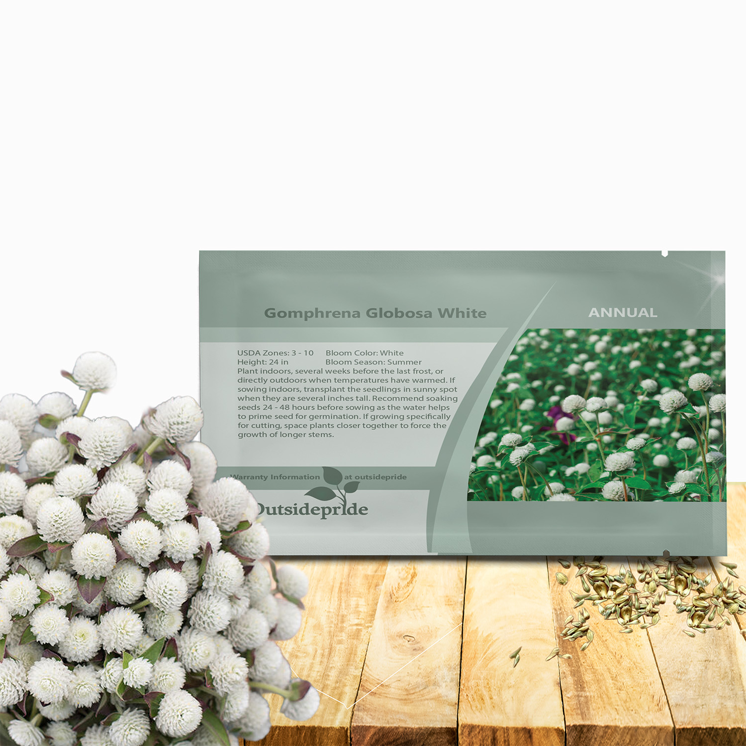 Gomphrena Globosa White Seed Packet