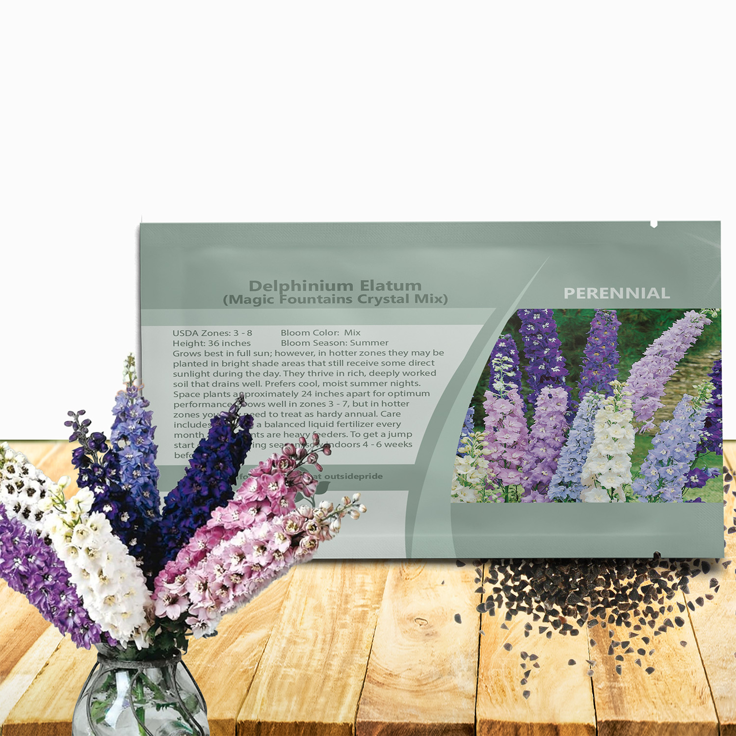 Delphinium Magic Fountains Crystal Seed Packet