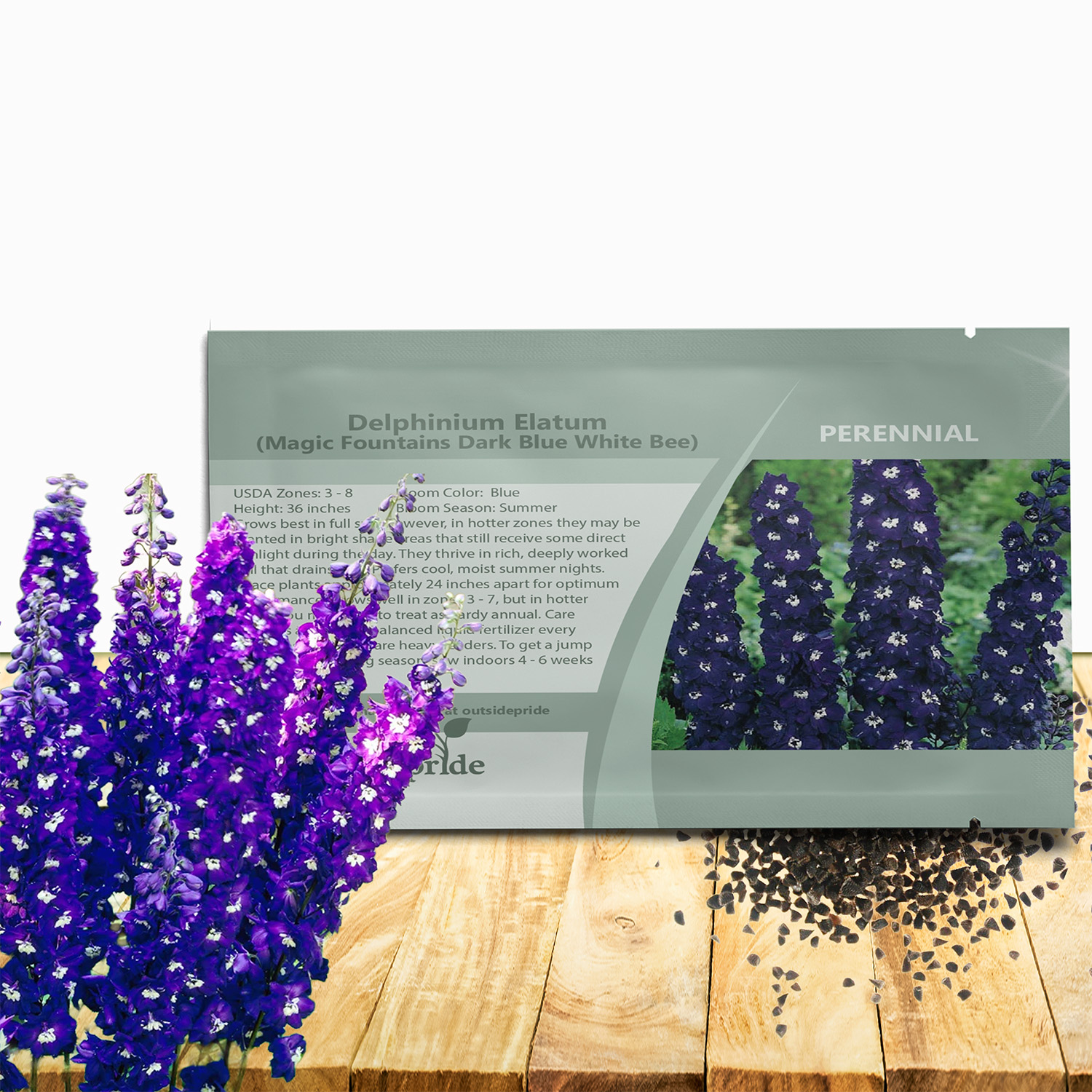 Delphinium Magic Fountains Dark Blue White Bee Seed Packet