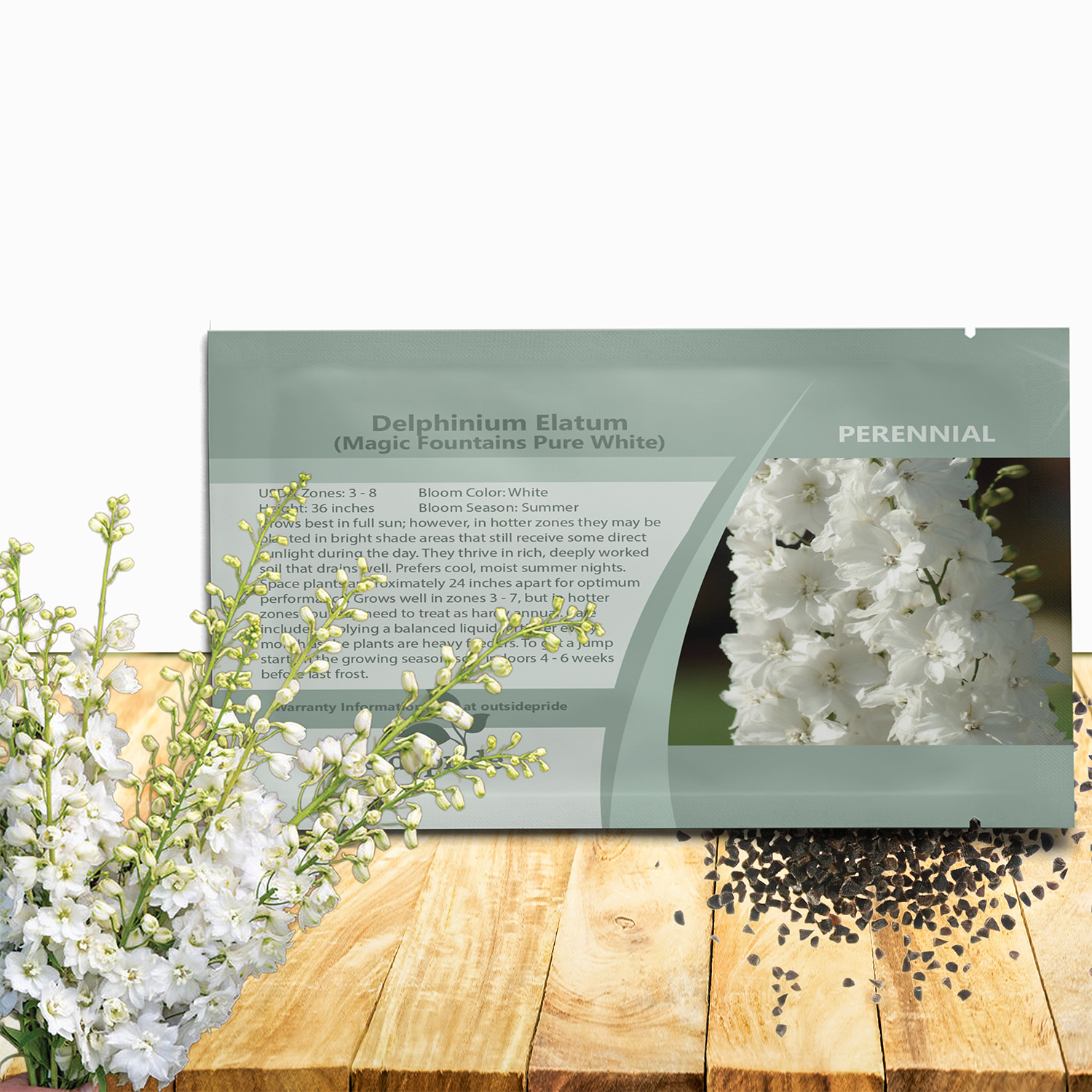 Delphinium Magic Fountains Pure White Seed Packet