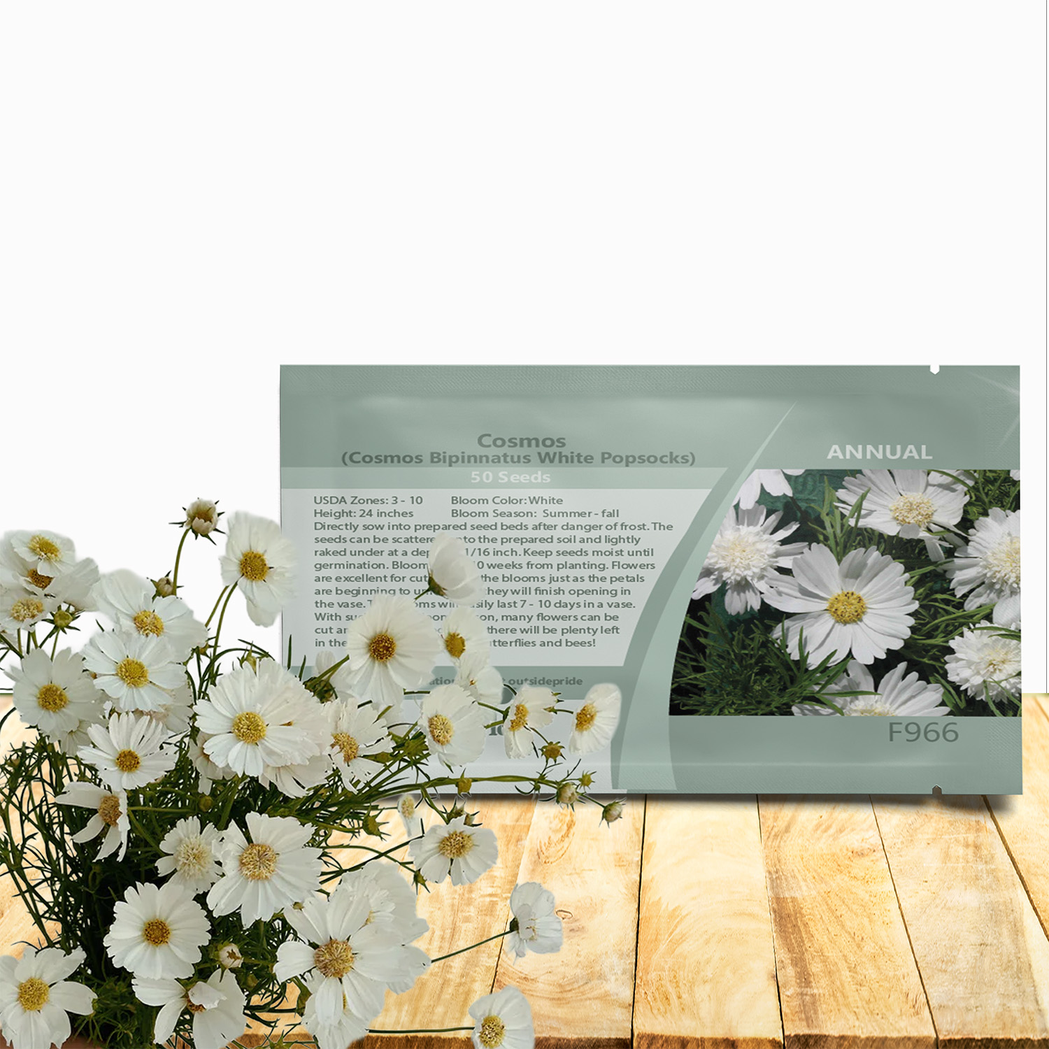 Cosmos Bipinnatus White Popsocks Seed Packet