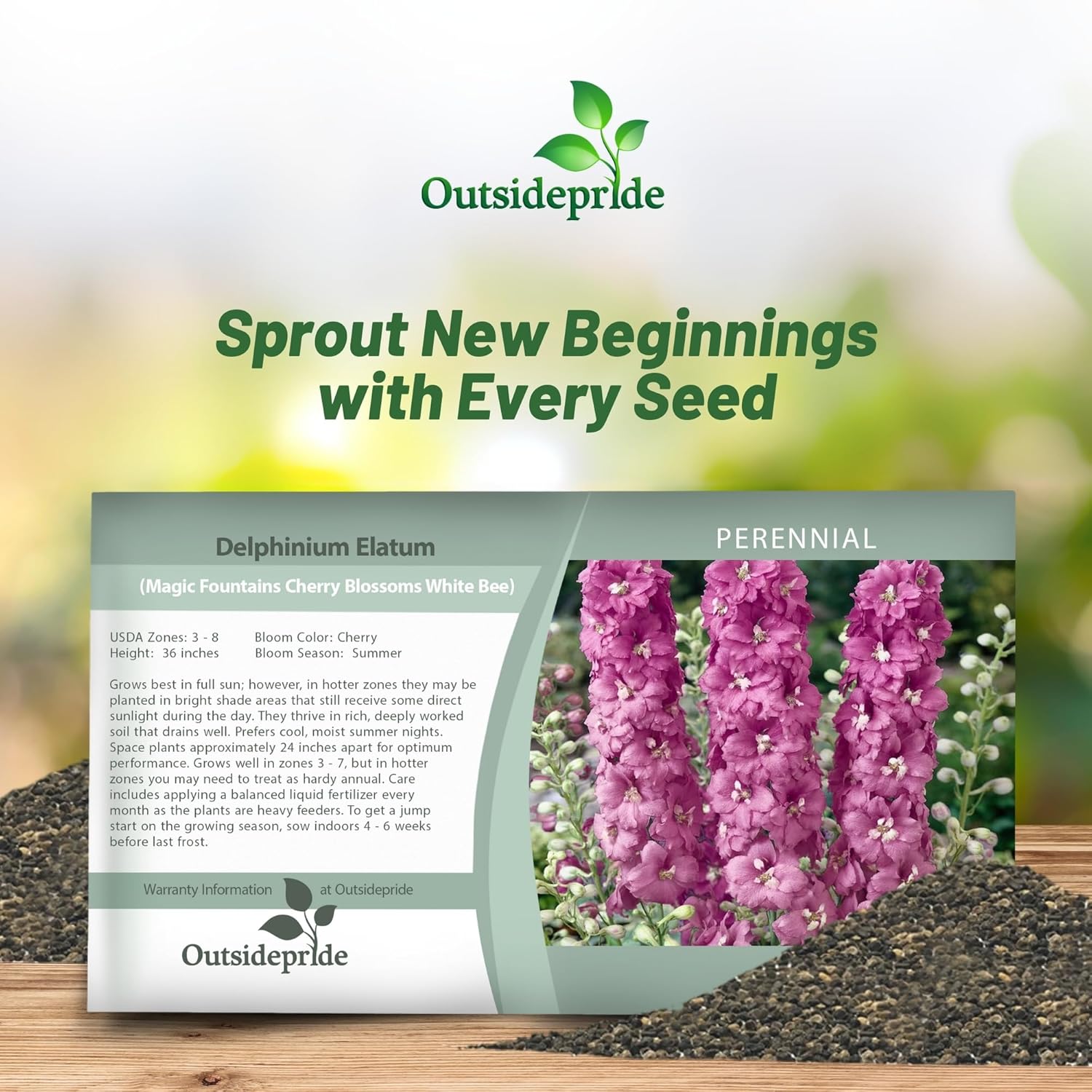 Delphinium Magic Fountains Cherry Blossoms Seed Packet