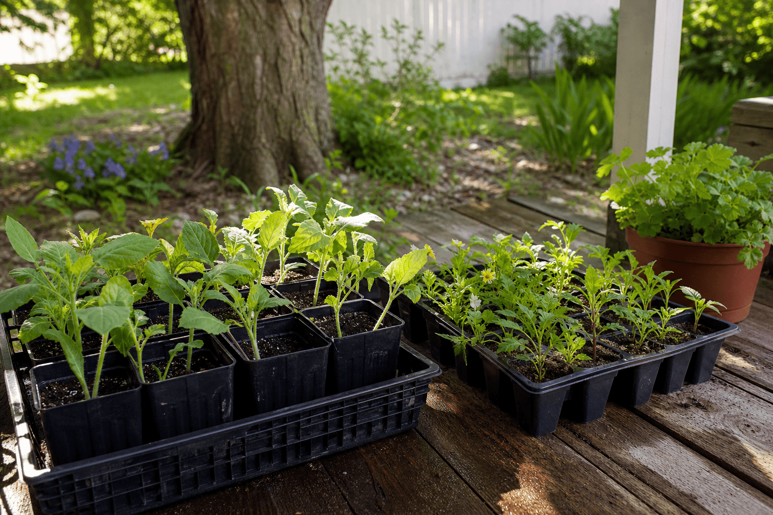 Seedlings hardening off outdoors in shade